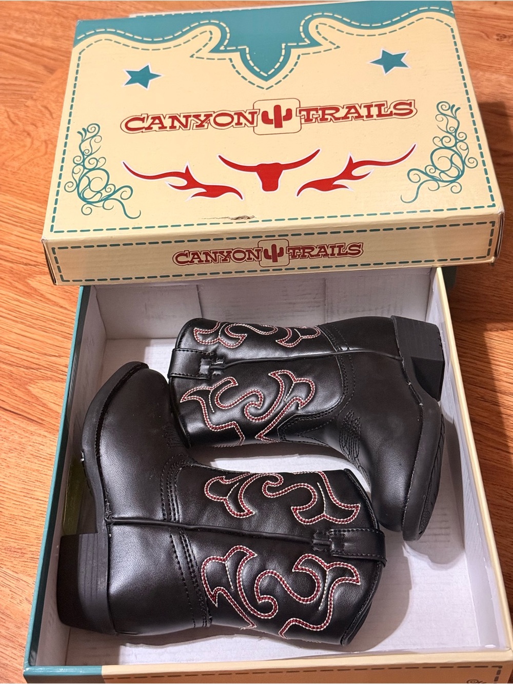 Black Kids Western Boots with Red Stitching
